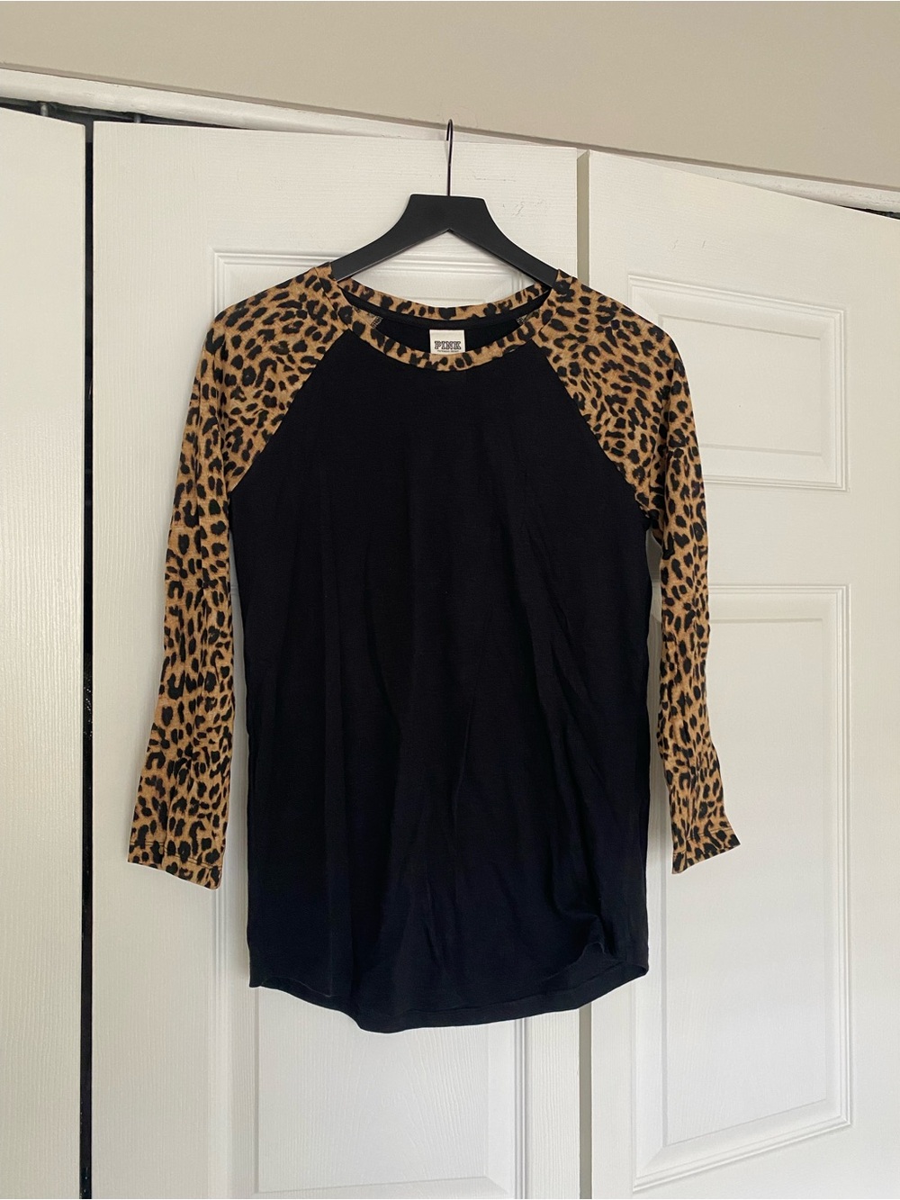 PINK Victoria's Secret Black Raglan Top with Leopard Print Sleeves